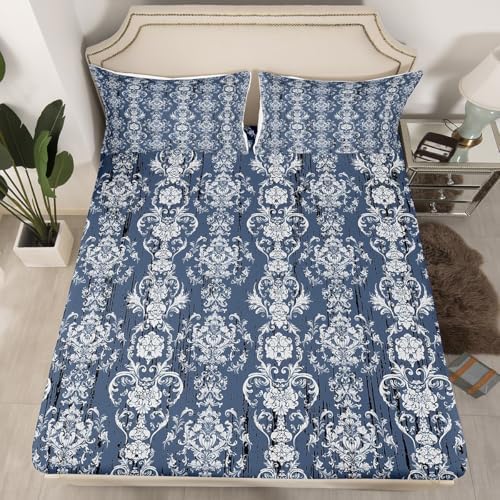Erosebridal Damask Blue Gothic Floral Bed Sheet Set Twin