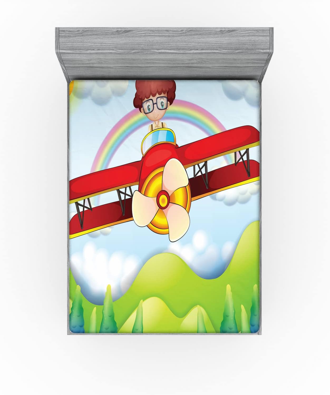 Ambesonne Multicolor Cartoon Airplane Fitted Sheet