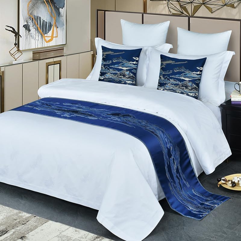 Luxury Blue Bed Runner Scarf with Jacquard Design