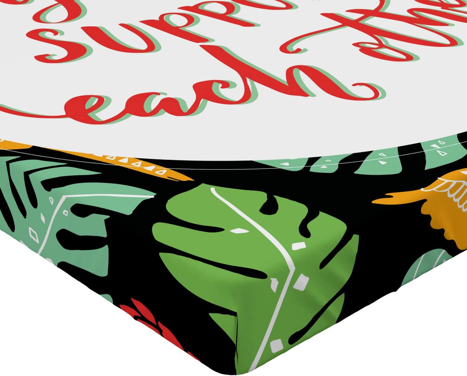 Ambesonne Microfiber Fitted Sheet - Tropical Monstera and Parrots Design