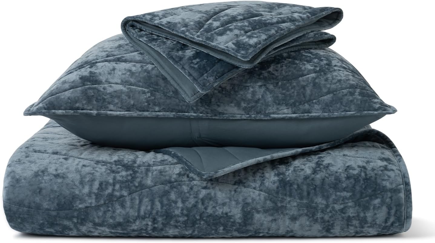 EVERGRACE Velvet Queen Quilt Set Stormy Blue