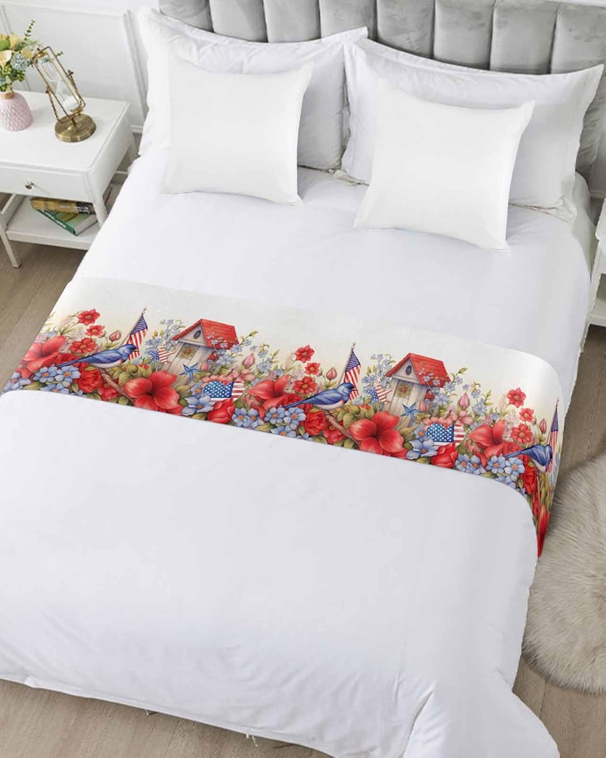 DreamyCor 4th of July Bed Runner with Star Stripes