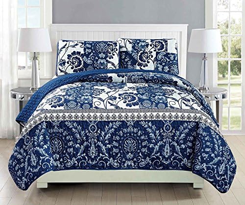 Fancy Linen 2pc Twin Quilt Set Floral Navy Blue and White