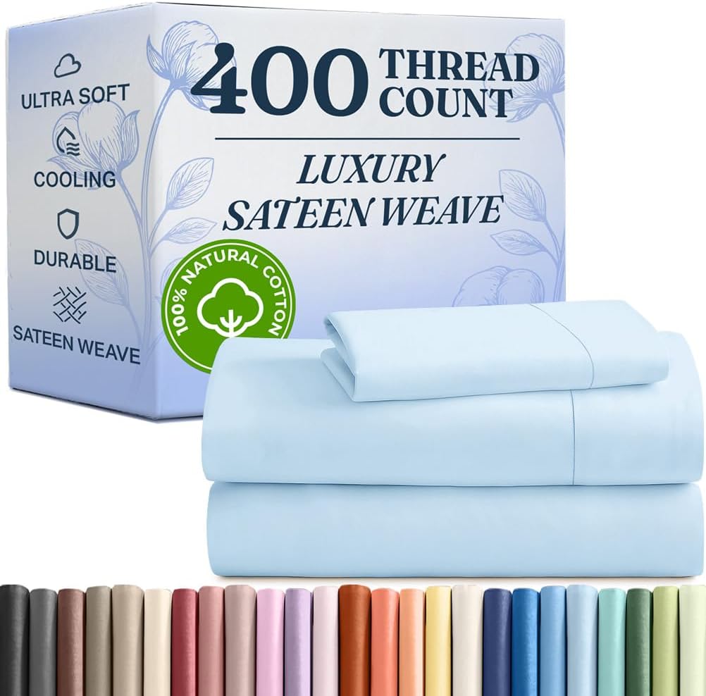 400 Thread Count Cotton Sheet Set Twin XL 100 Cotton Light Blue