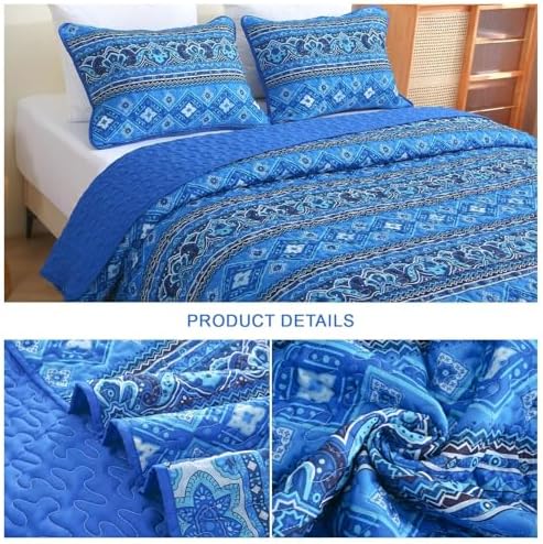 Heymybed Boho Quilt Set Queen Size 3Pc Reversible Blue