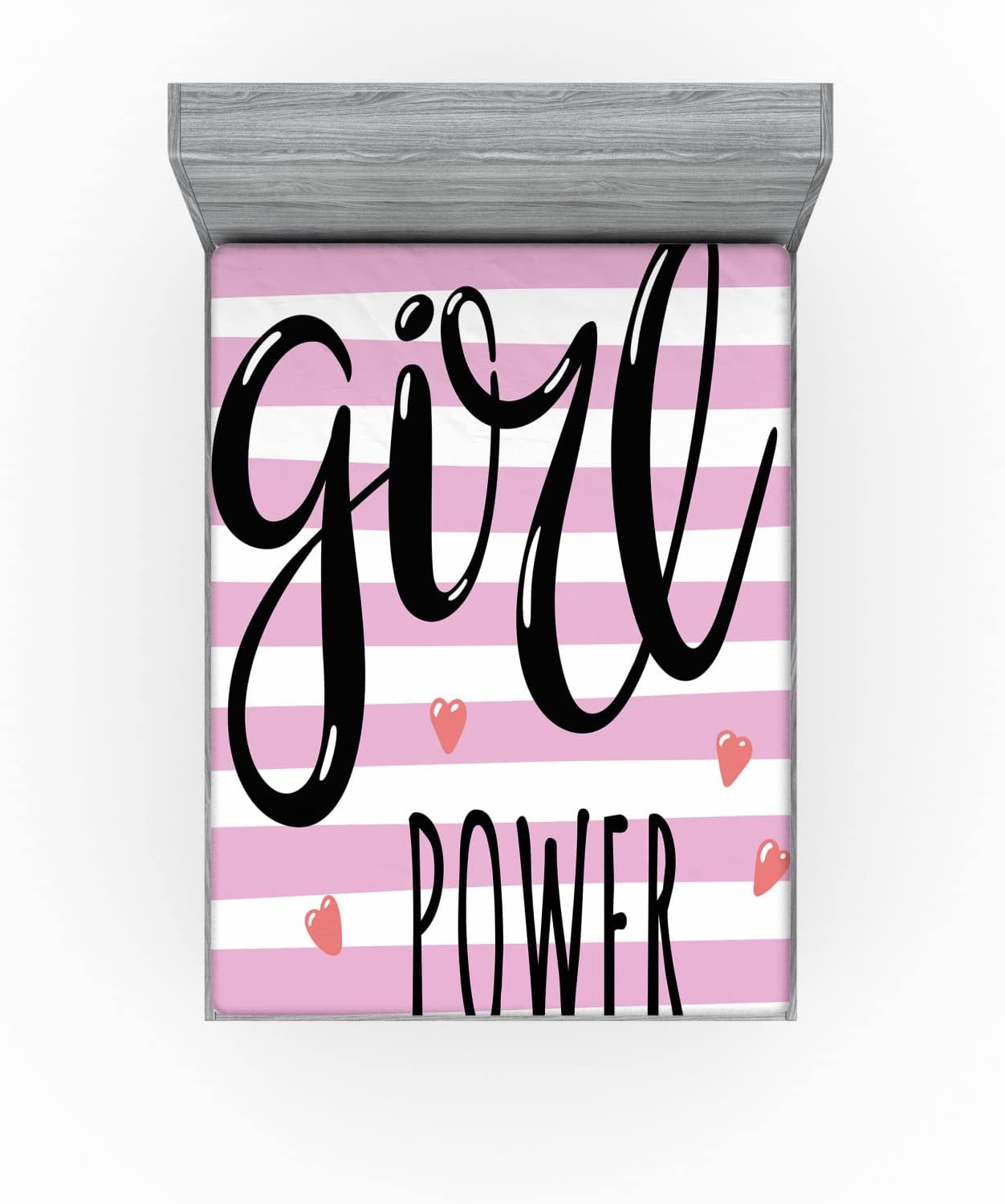 Ambesonne Lettering Fitted Sheet - Girl Power Striped Hearts
