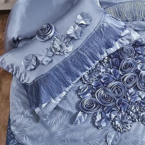 Tache Satin Floral Lace Ruffle Comforter Set King Blue