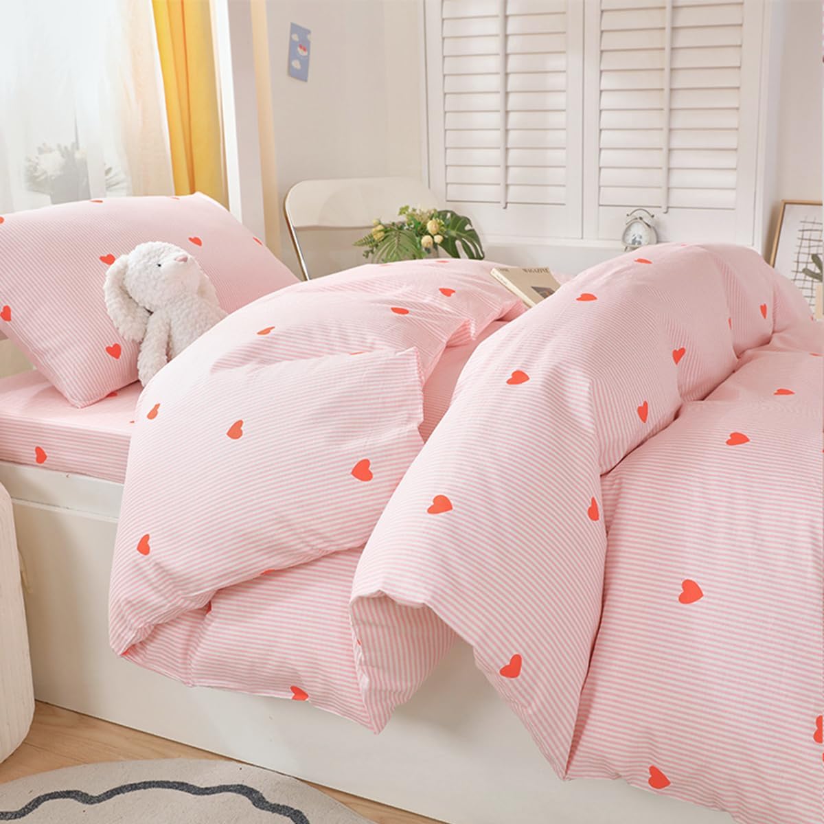 Pink Striped Duvet Cover Set 3Pcs Queen Size