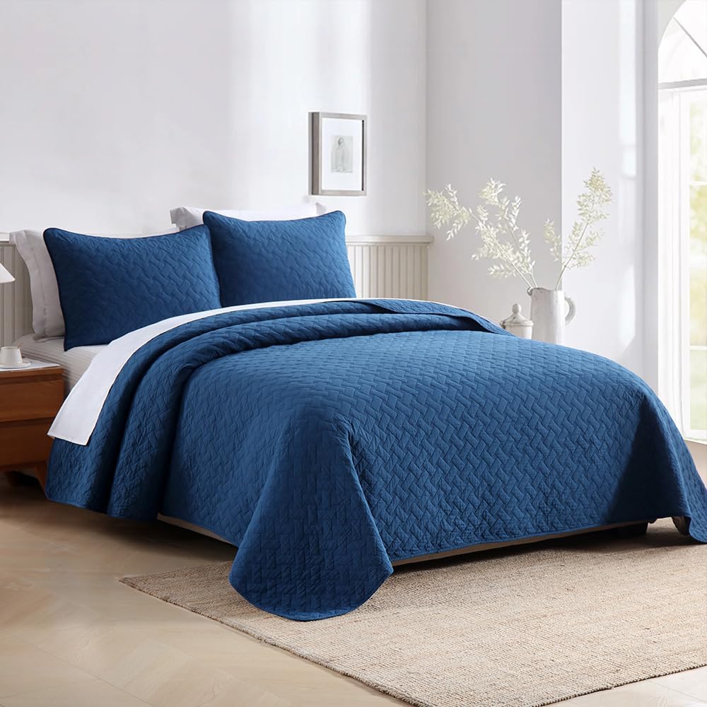 Wistown Cotton King Quilt Set 3 Pieces Navy Blue