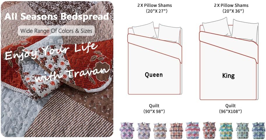 Travan Floral Printed Quilt Set King Size 3-Piece Reversible