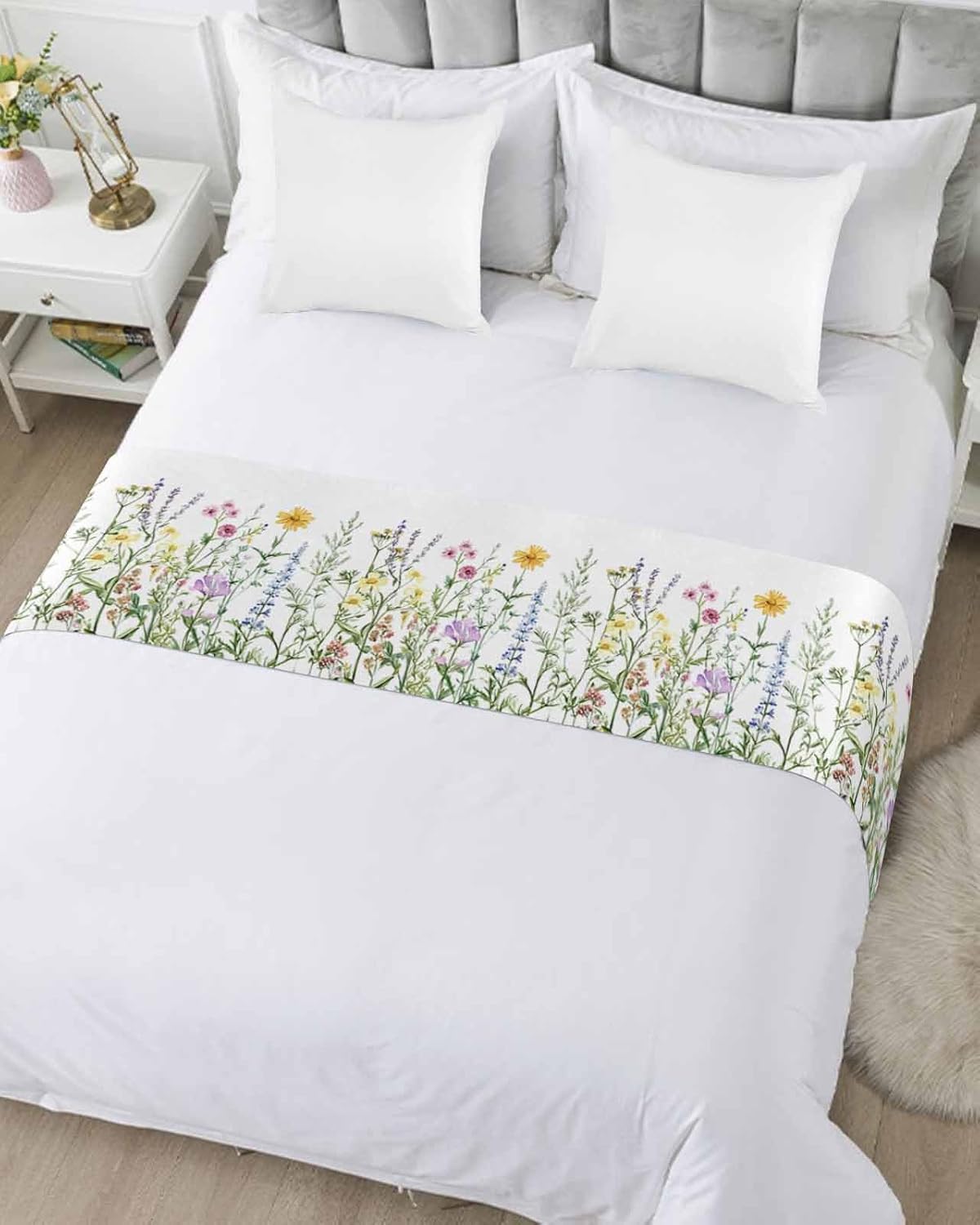 Yukro Bed Runner Scarf Spring Wildflower Green Leaf Design