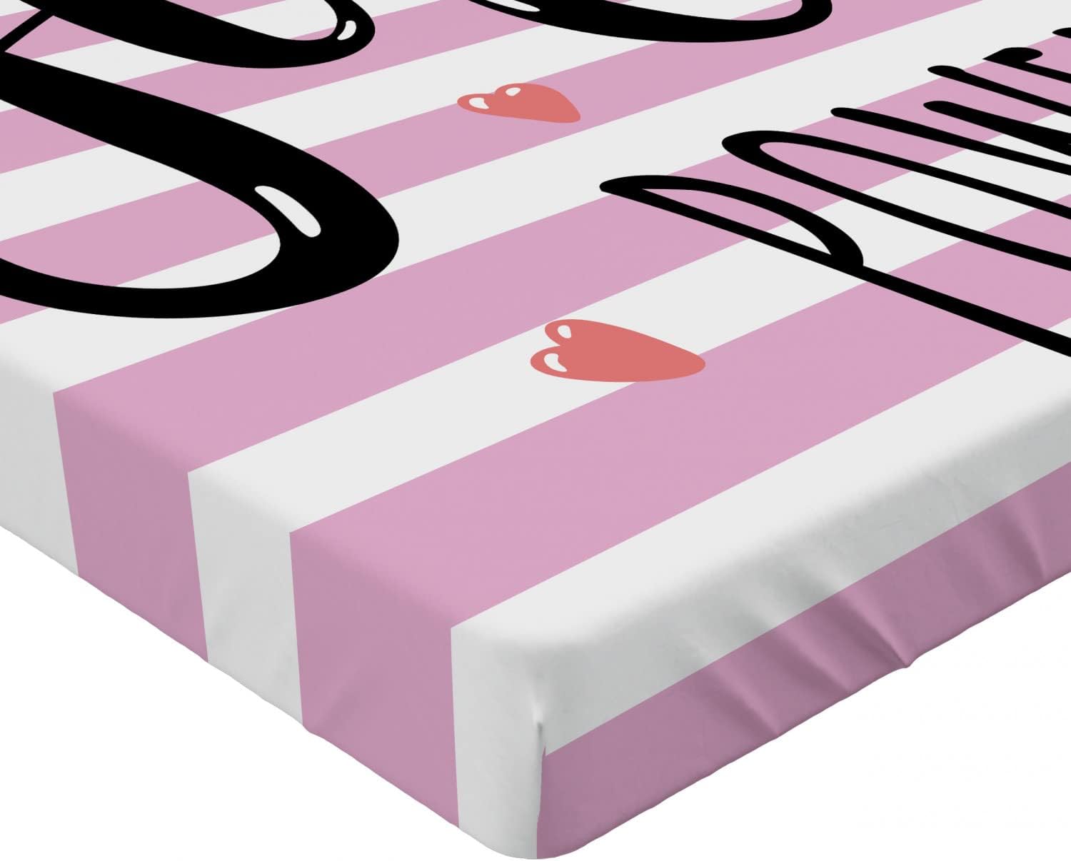 Ambesonne Lettering Fitted Sheet - Girl Power Striped Hearts