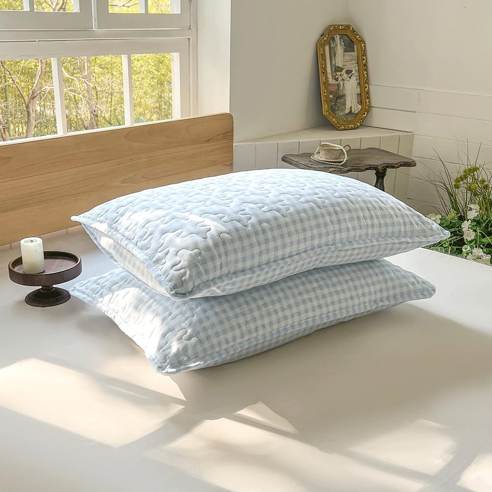 NSNLGSGC Gingham King Quilt Set Soft Blue Plaid Bedspread