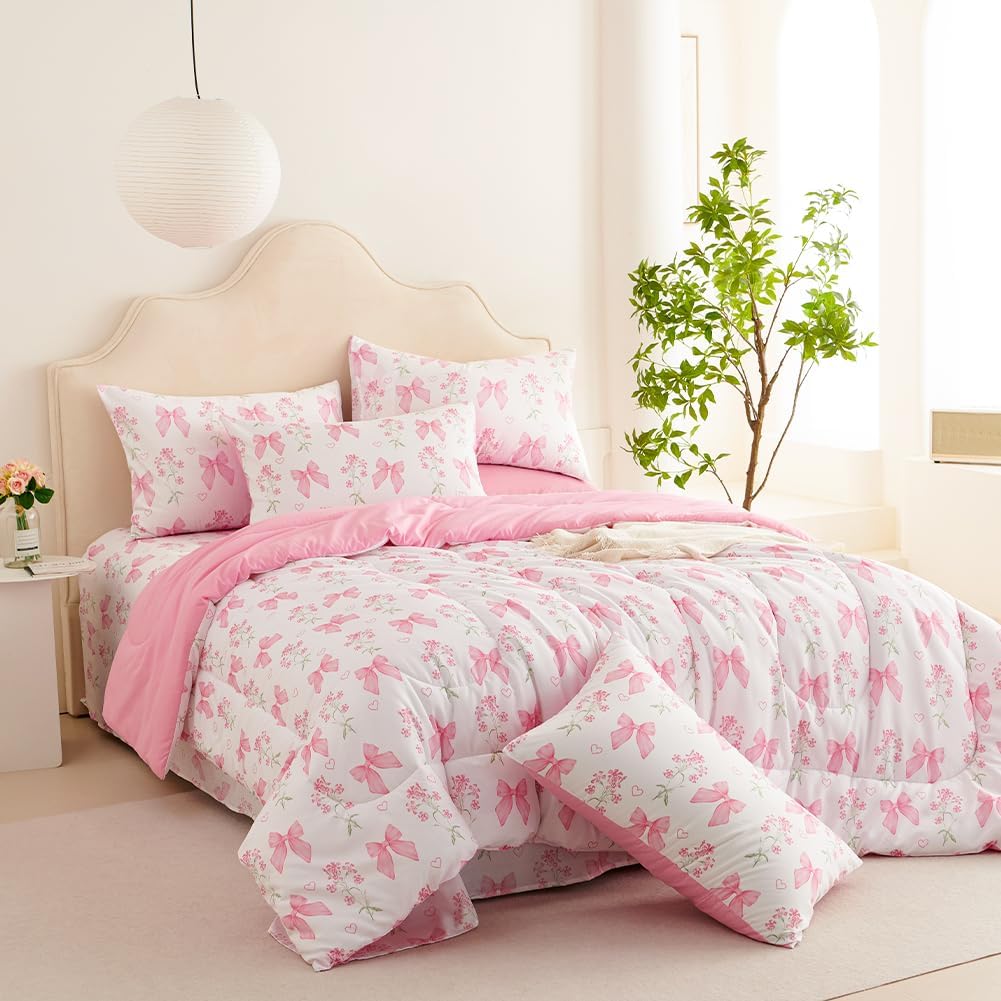Pink Bow Comforter Set Queen Size Princess Style