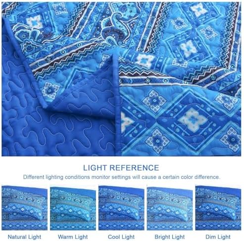 Heymybed Boho Quilt Set Queen Size 3Pc Reversible Blue
