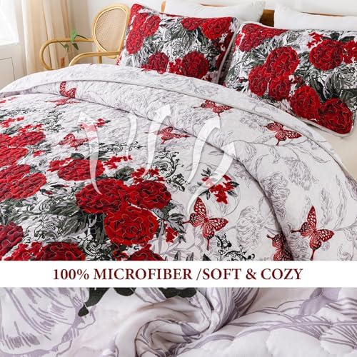 Yiran Red Floral Quilt Set King 3 Pieces