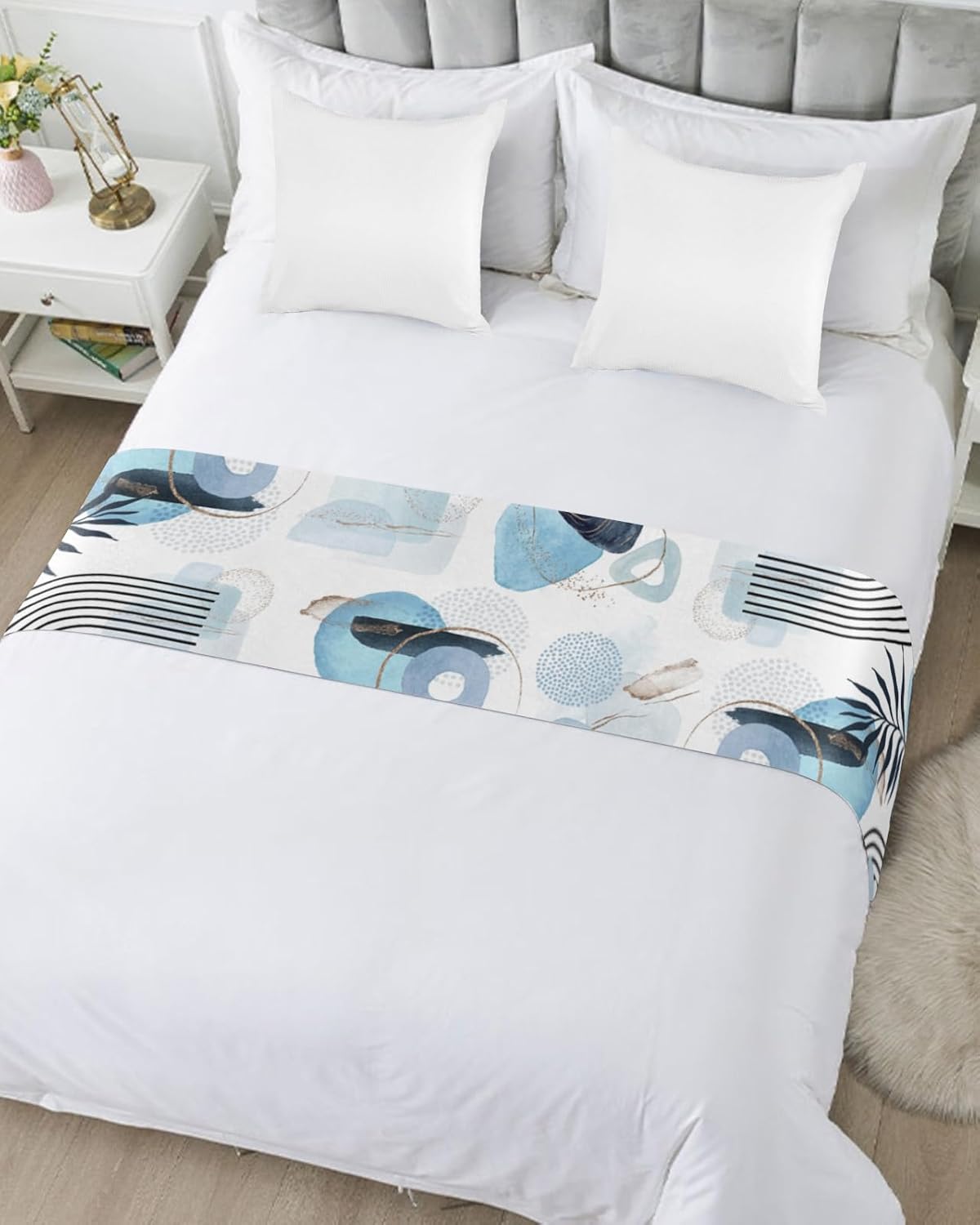 Boho Blue Bed Runner Scarf with Tropical Leaves Design