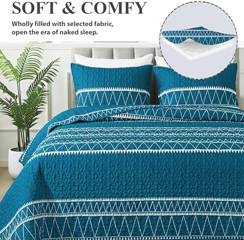 Andency Teal Quilt Set King 3Pcs Reversible Microfiber