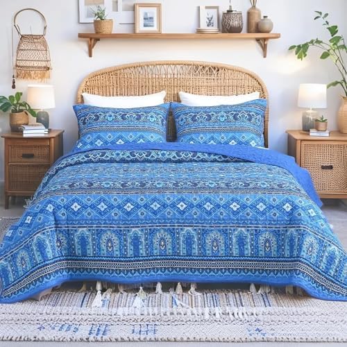 Heymybed Boho Quilt Set Queen Size 3Pc Reversible Blue