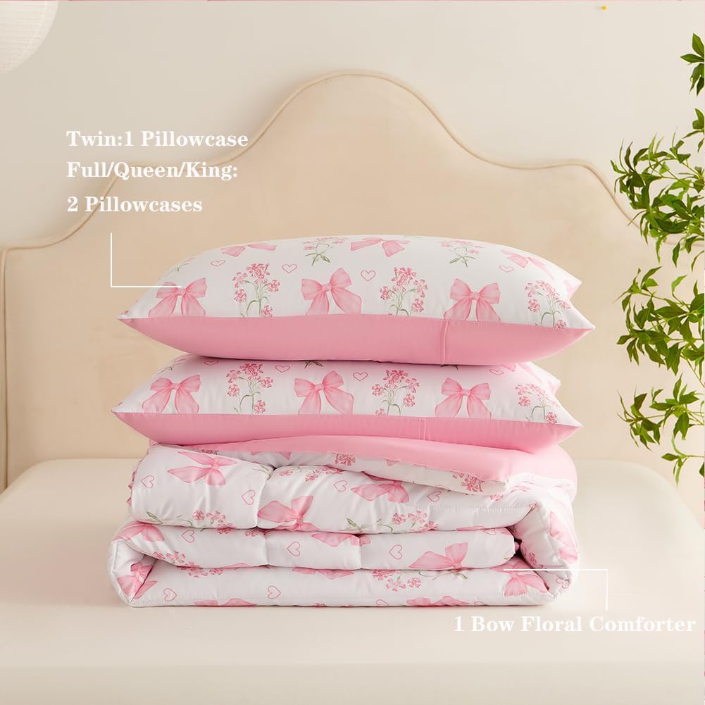 Pink Bow Comforter Set Queen Size Princess Style