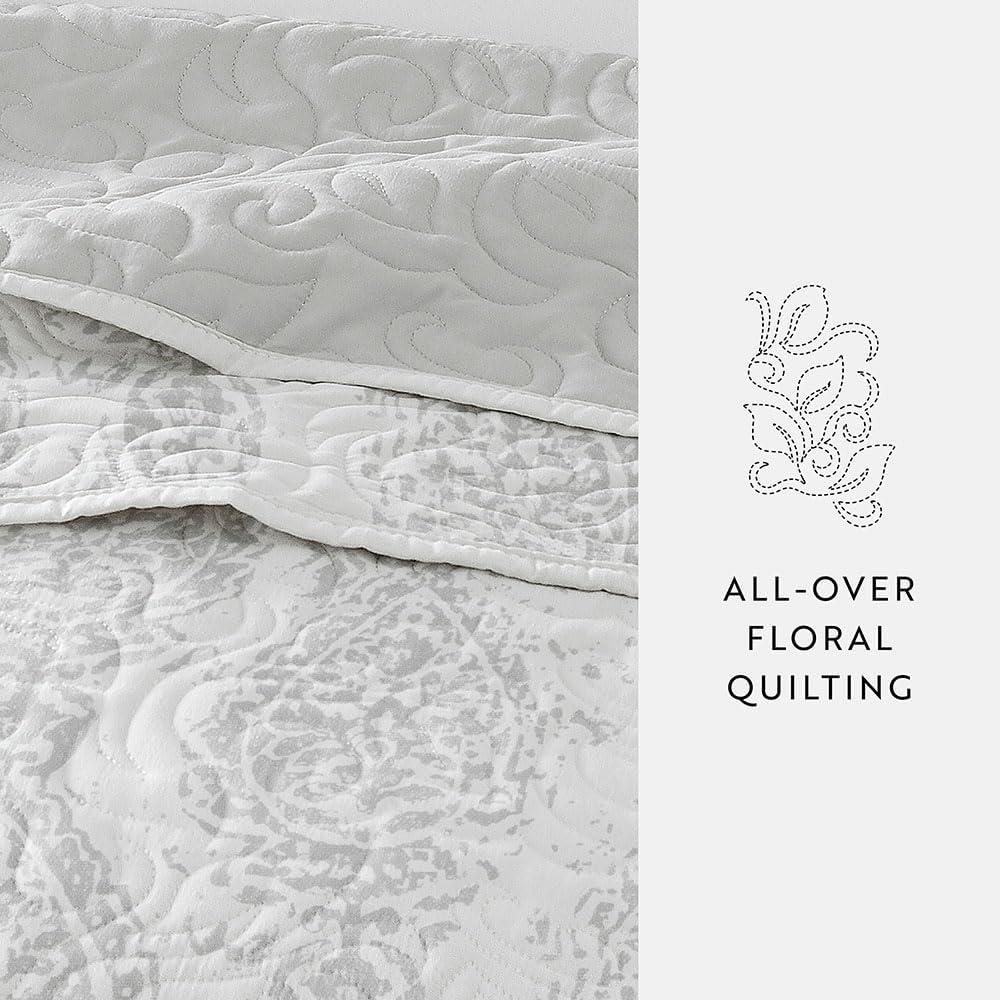 Linen Market Patterned Reversible Microfiber Quilt Set - KingCal-King Light Gray
