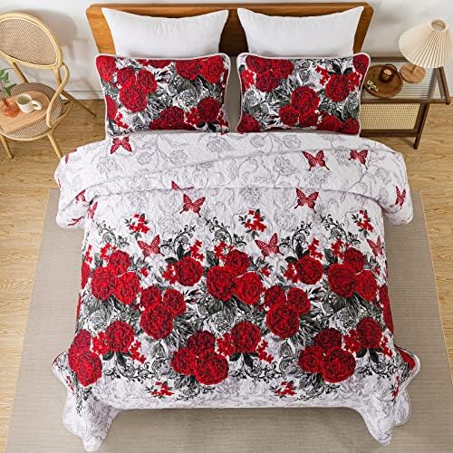 Yiran Red Floral Quilt Set King 3 Pieces
