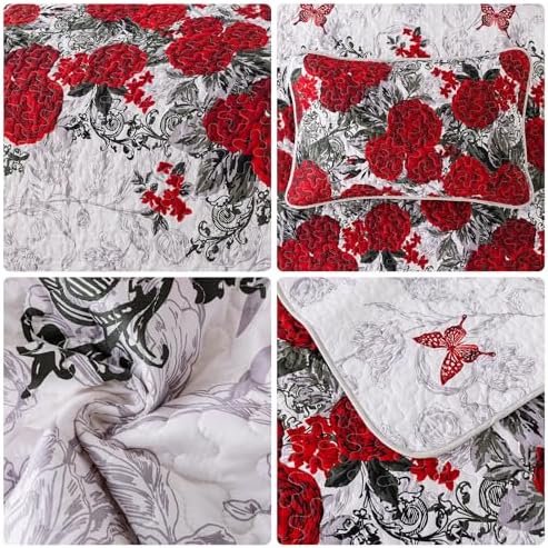 Yiran Red Floral Quilt Set King 3 Pieces