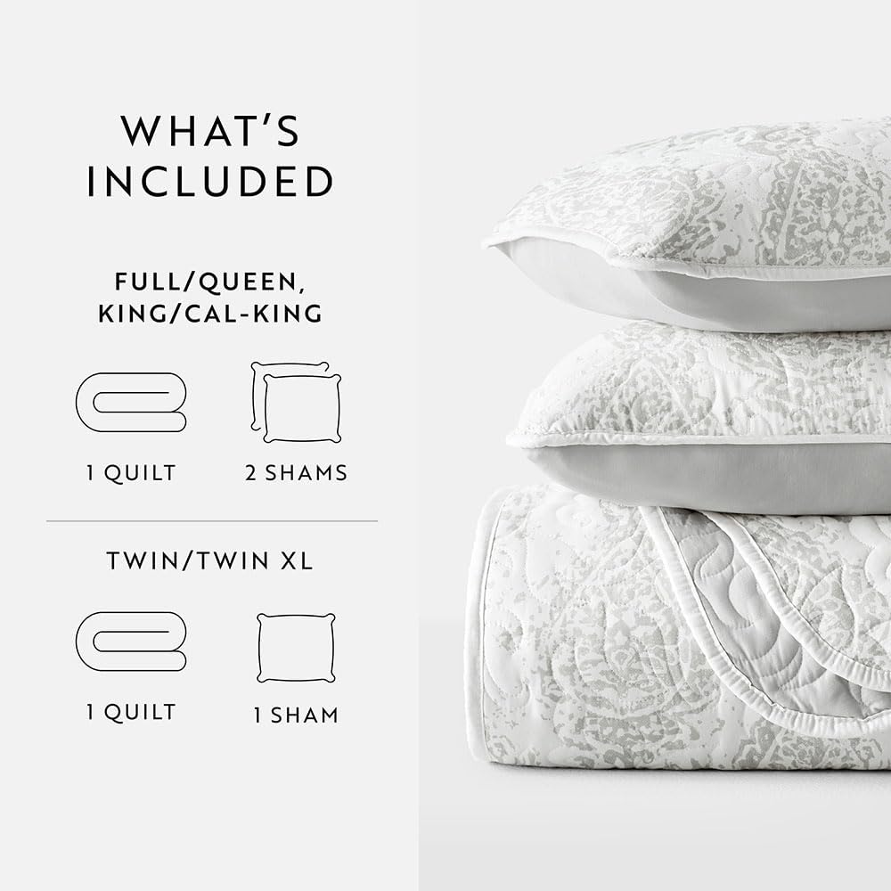 Linen Market Patterned Reversible Microfiber Quilt Set - KingCal-King Light Gray
