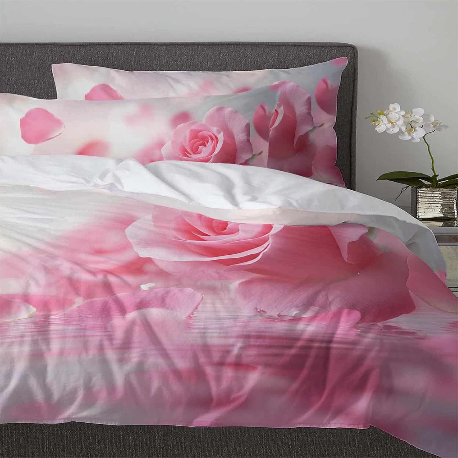 Boanket 3-Piece Pink Rose Duvet Cover Set with Zipper Closure