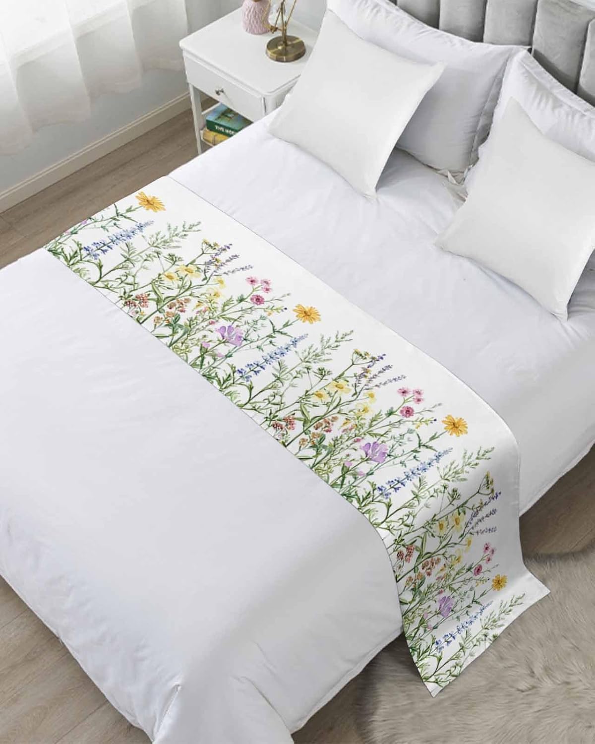 Yukro Bed Runner Scarf Spring Wildflower Green Leaf Design