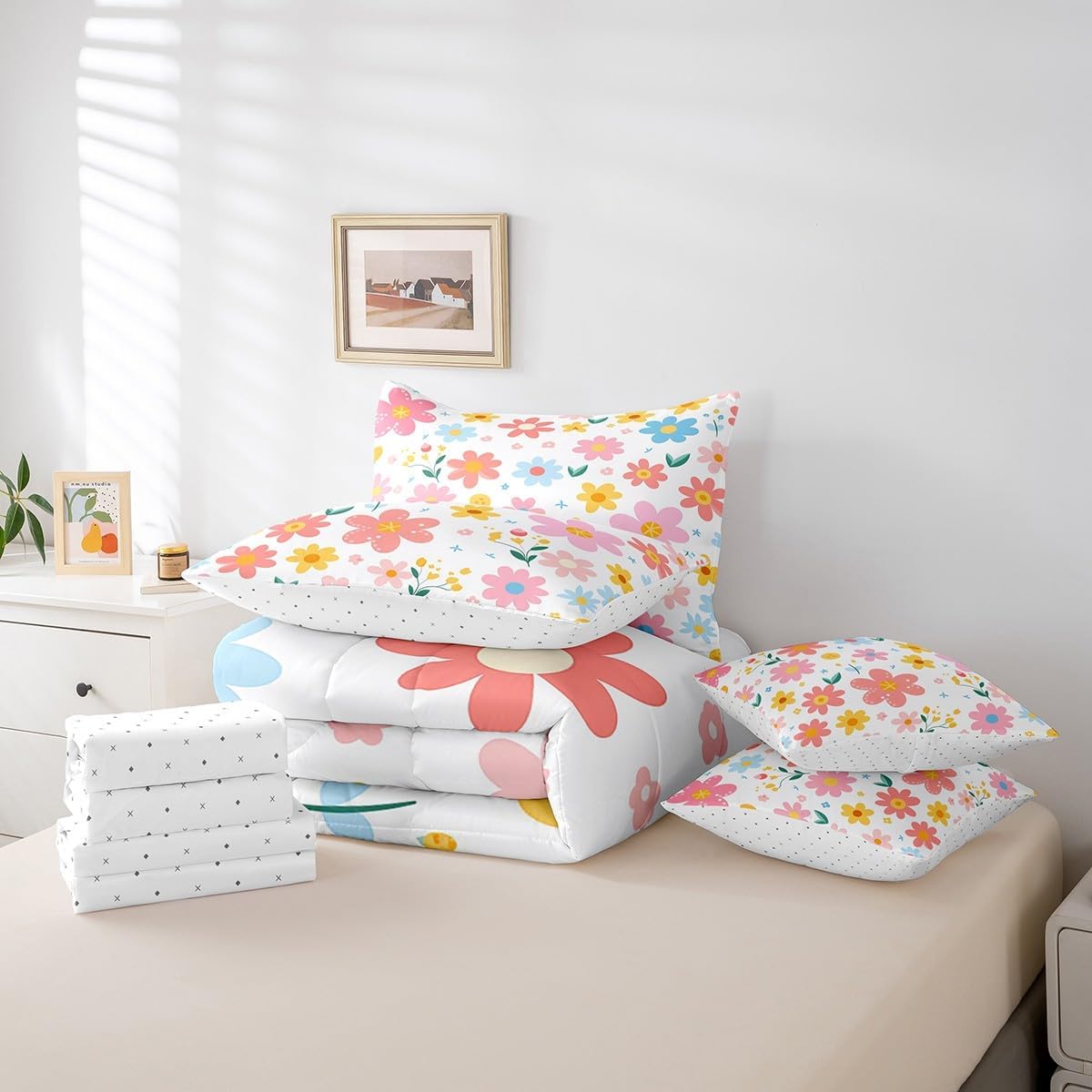 Feelyou Cute Flower Comforter Set Kids 7 Piece Bed in a Bag