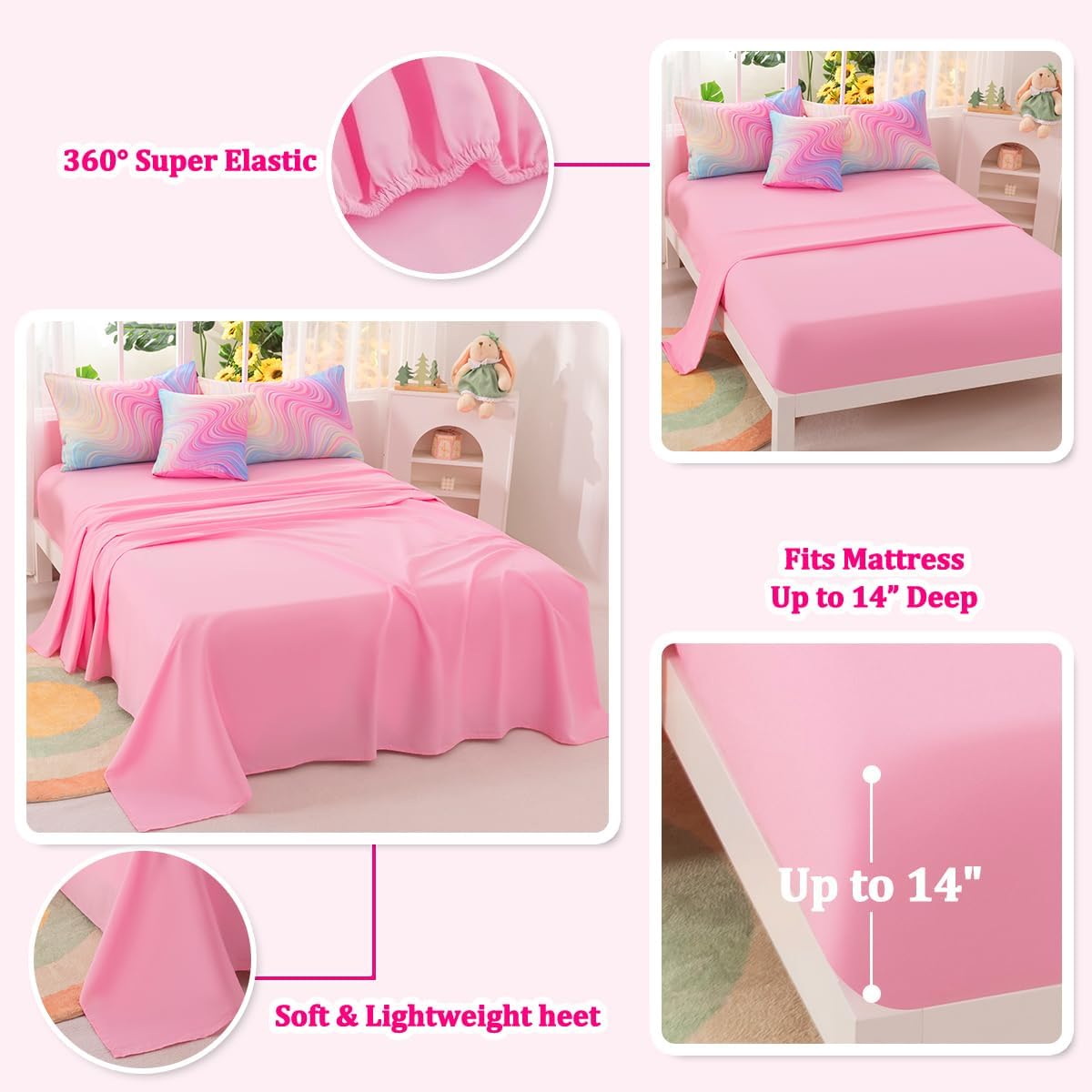 ASKOTU Girls Pink Blue Rainbow Comforter Set 6 Pcs