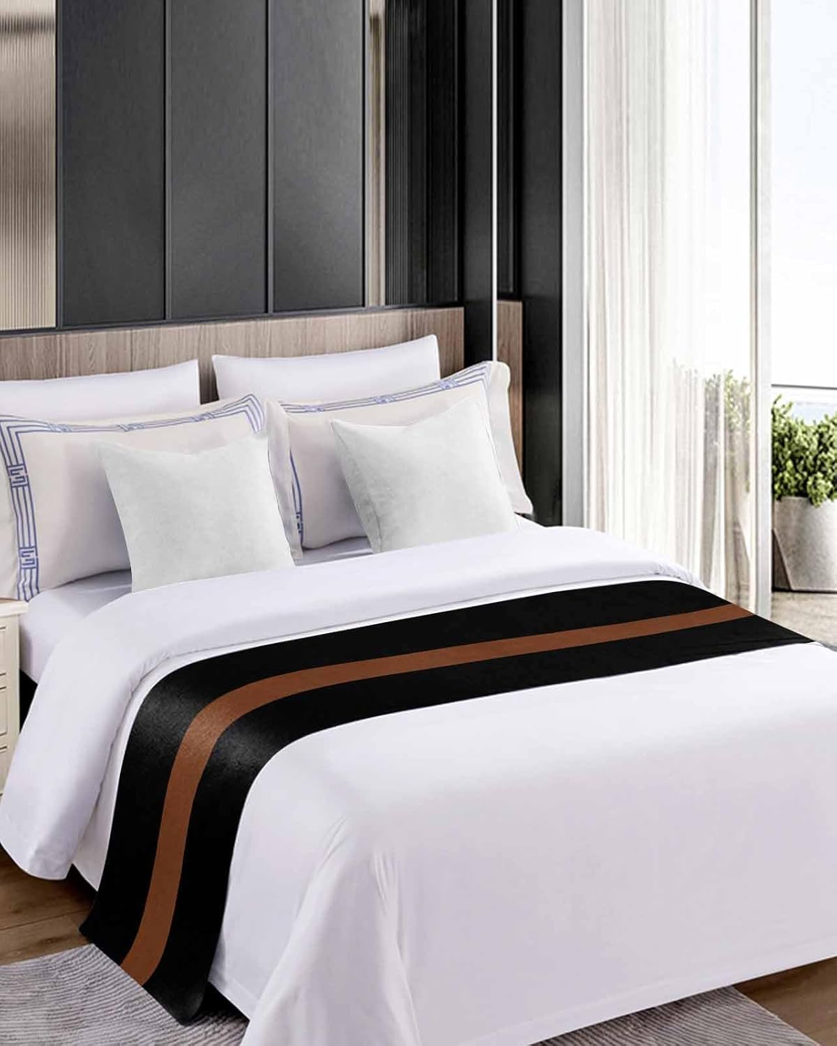 Sabolny Black Stripes King Size Bed Runner Scarf 1