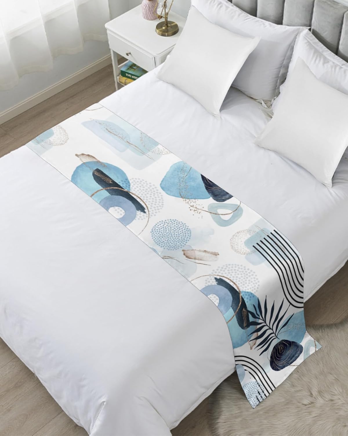 Boho Blue Bed Runner Scarf with Tropical Leaves Design