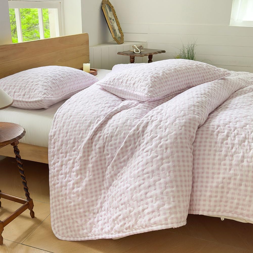 NSNLGSGC Pink Gingham Queen Quilt Set