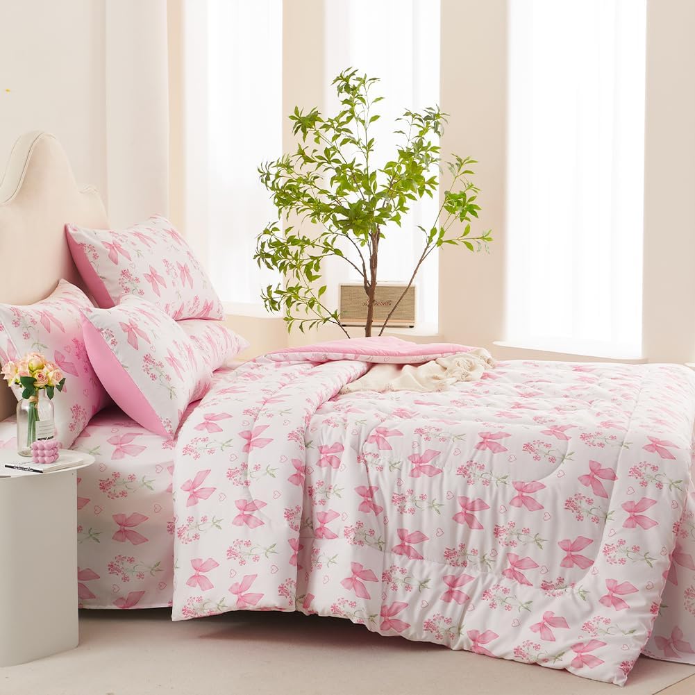 Pink Bow Comforter Set Queen Size Princess Style