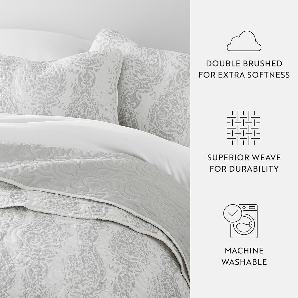 Linen Market Patterned Reversible Microfiber Quilt Set - KingCal-King Light Gray
