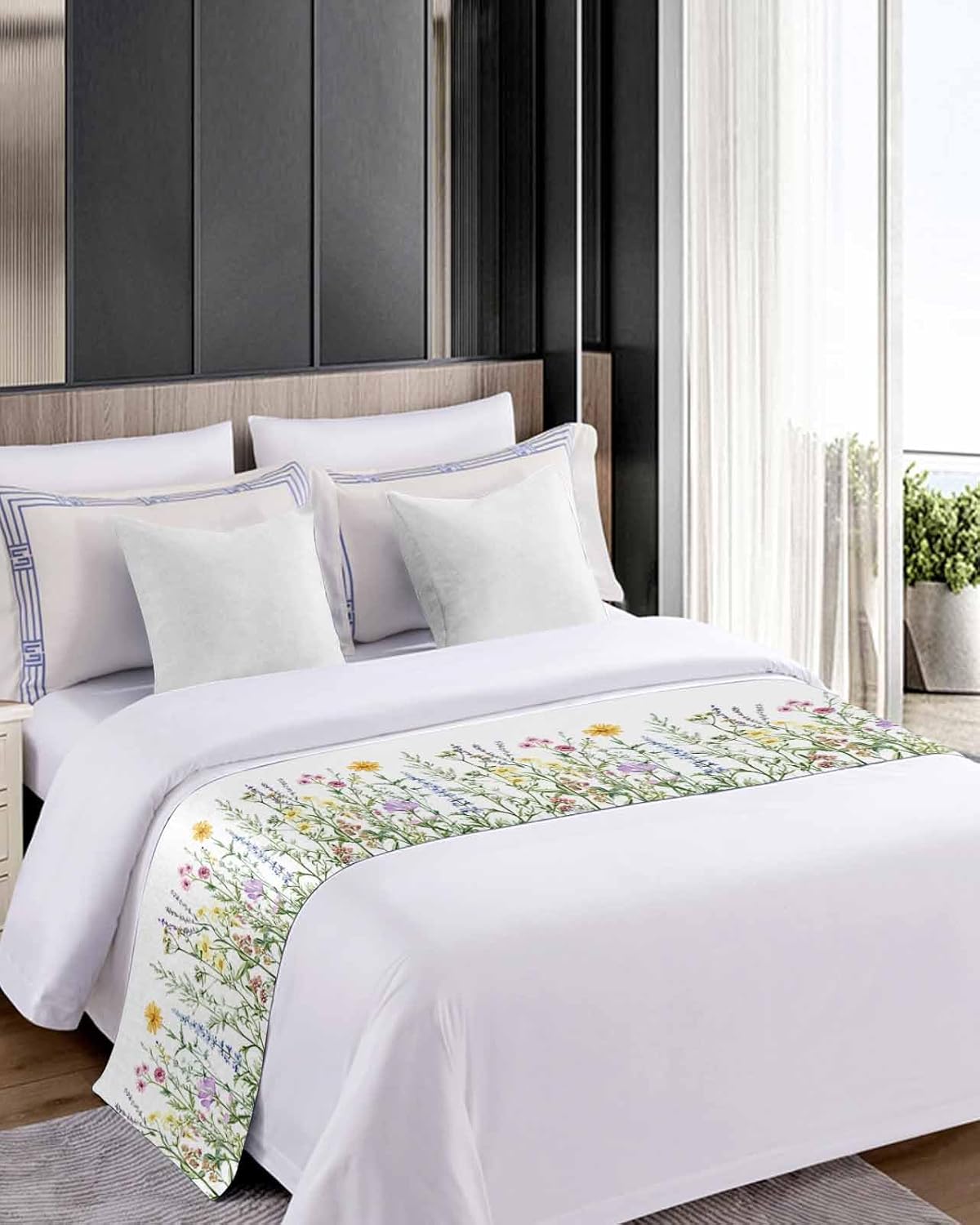 Yukro Bed Runner Scarf Spring Wildflower Green Leaf Design