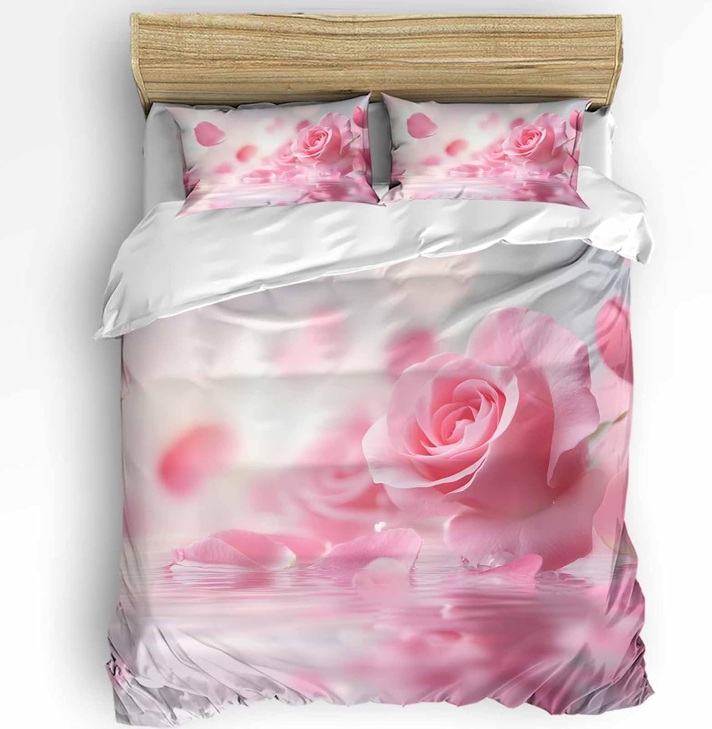 Boanket 3-Piece Pink Rose Duvet Cover Set with Zipper Closure
