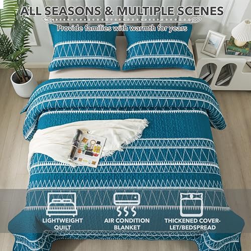Andency Teal Quilt Set King 3Pcs Reversible Microfiber
