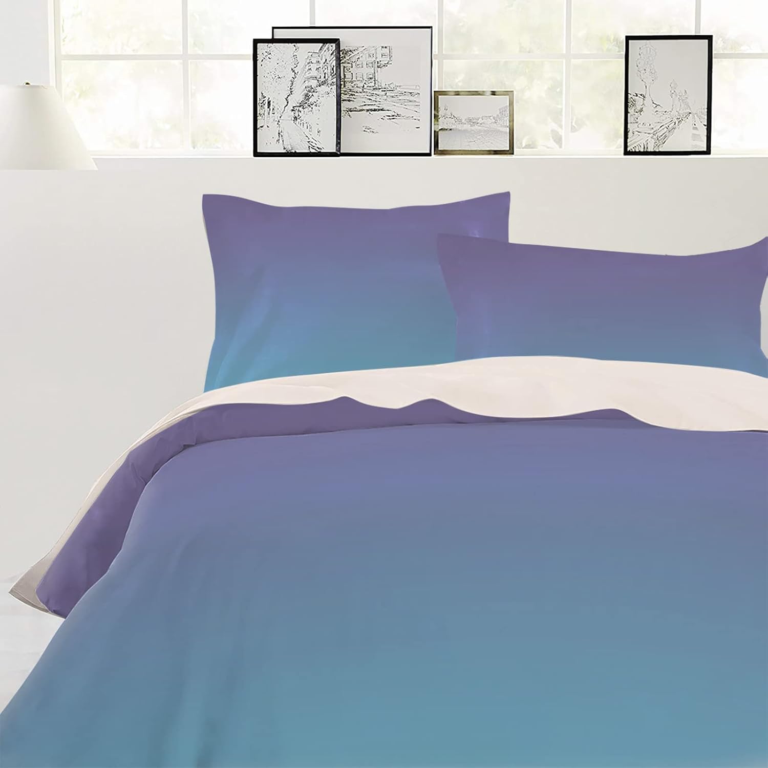 Purple Blue Ombre Duvet Cover Set Queen Size 4 Piece