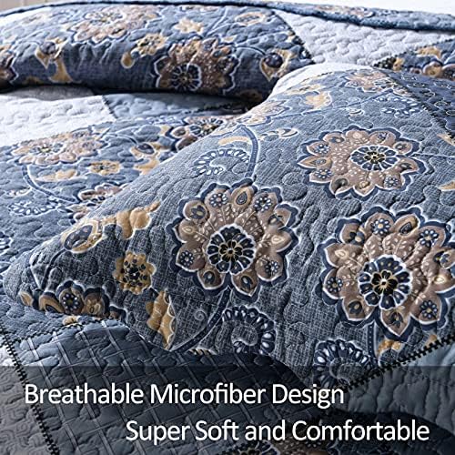ENJOHOS Navy Blue Plaid Floral Quilt Set King Size 98x106