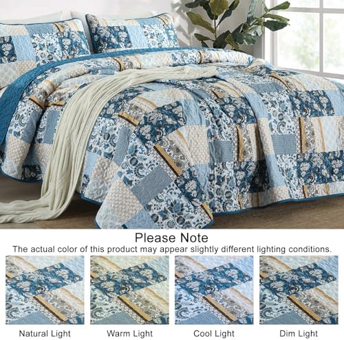 WONGS BEDDING Blue Plaid Patchwork Quilt Set Queen 3 Pieces