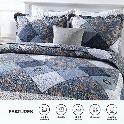ENJOHOS Navy Blue Plaid Floral Quilt Set King Size 98x106