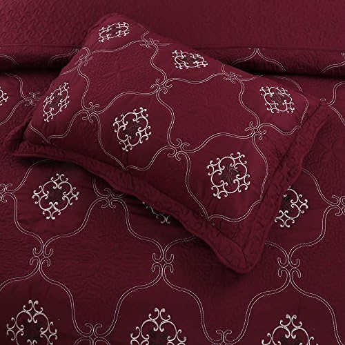MarCielo 3-Piece Embroidery Quilt Set - Burgundy California King