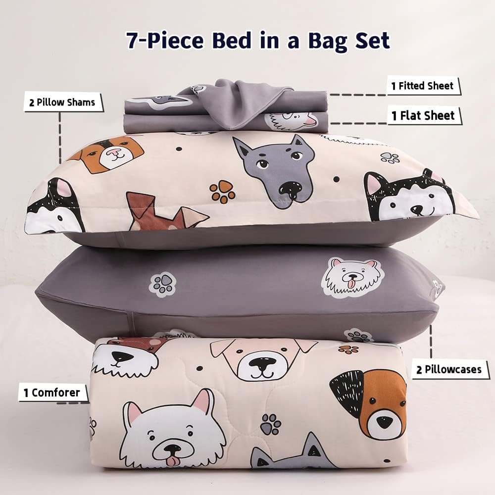 Gusuhome 7 Piece Kids Dog Comforter Set Twin Size