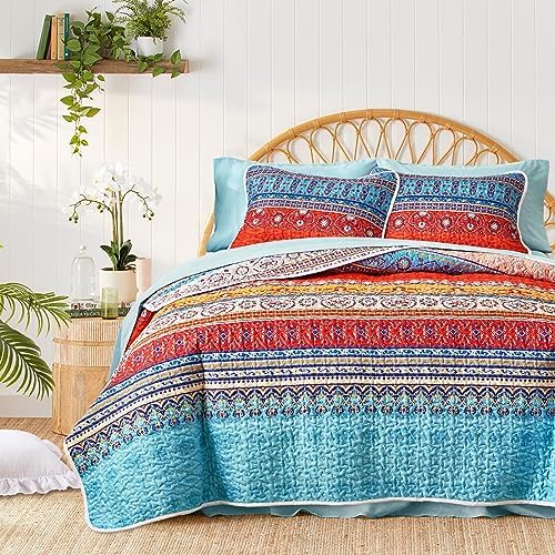Tititada Twin Quilt Set 2 Pieces Reversible Striped Blue and Red Microfiber