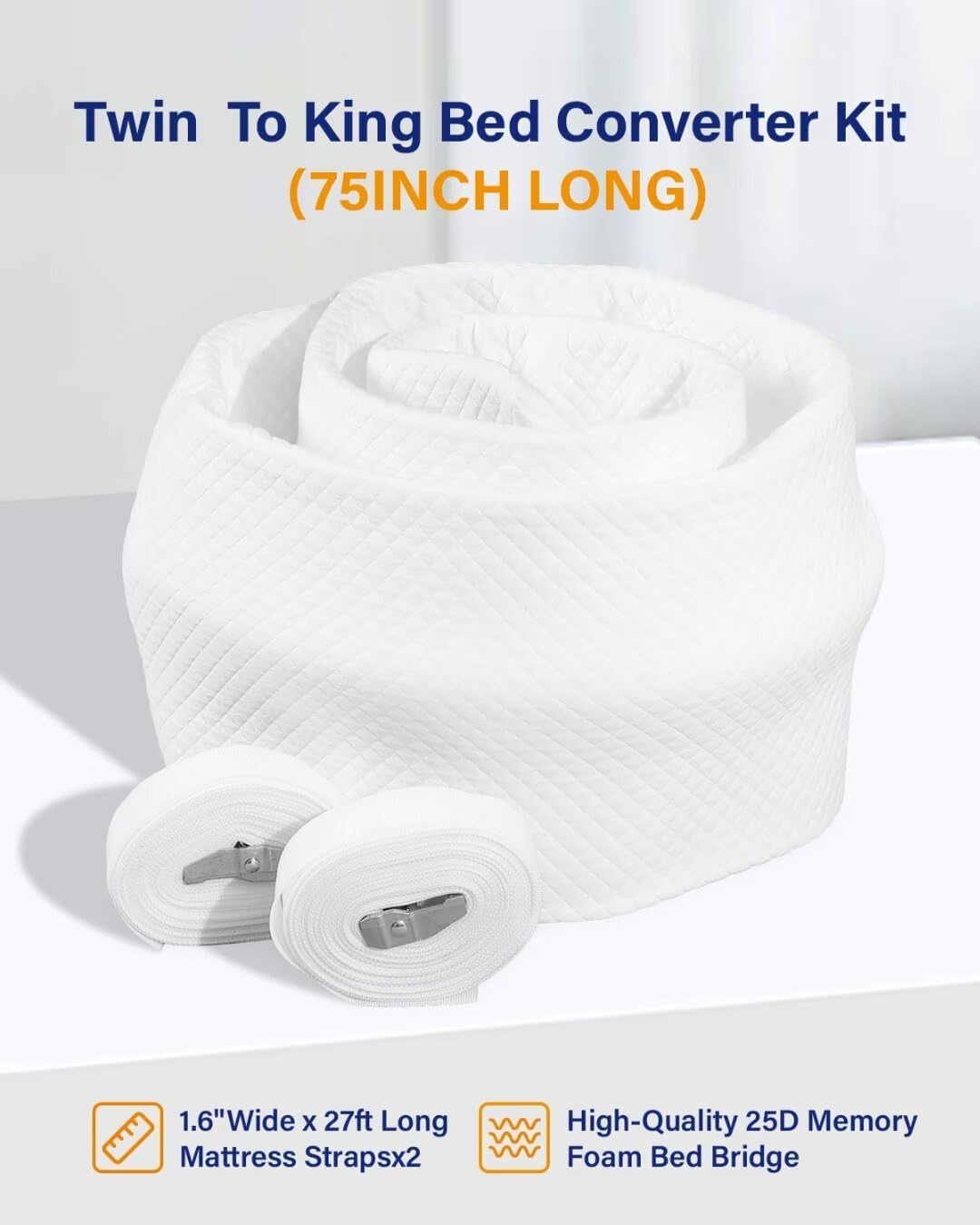 WINSOON Twin to King Bed Bridge - 12 Inch One Piece Foam Converter