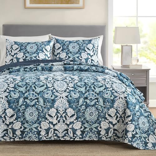 Boryard King Quilt Set Navy Blue Paisley Sunflower Print