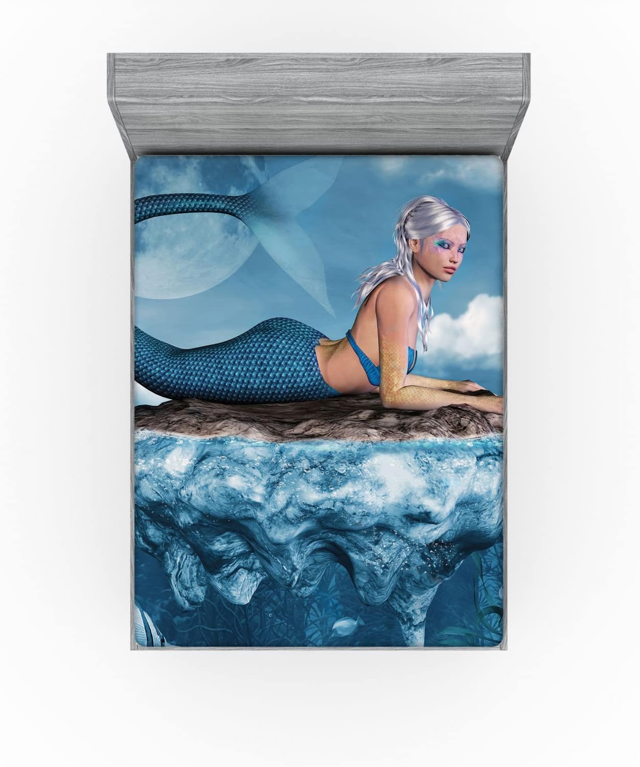 Ambesonne Mermaid Fitted Sheet - Navy Blue with White Graphic Print